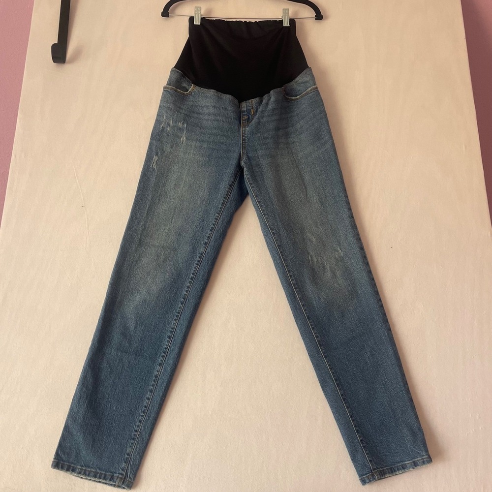Isabel Maternity Straight Leg Jeans Medium Wash Full Belly Distressed Blue Sz 4